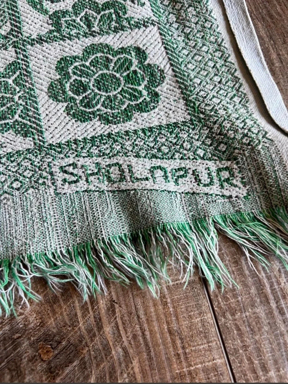 Vintage Indian Solapuri Chaddar Cotton Jacquard Sage Green and white Table cloth